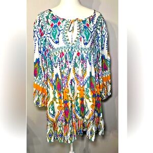 Rachel Zoe Plus Tunic Top 1X Tie Front 3/4 Sleeve Colorful  Boho